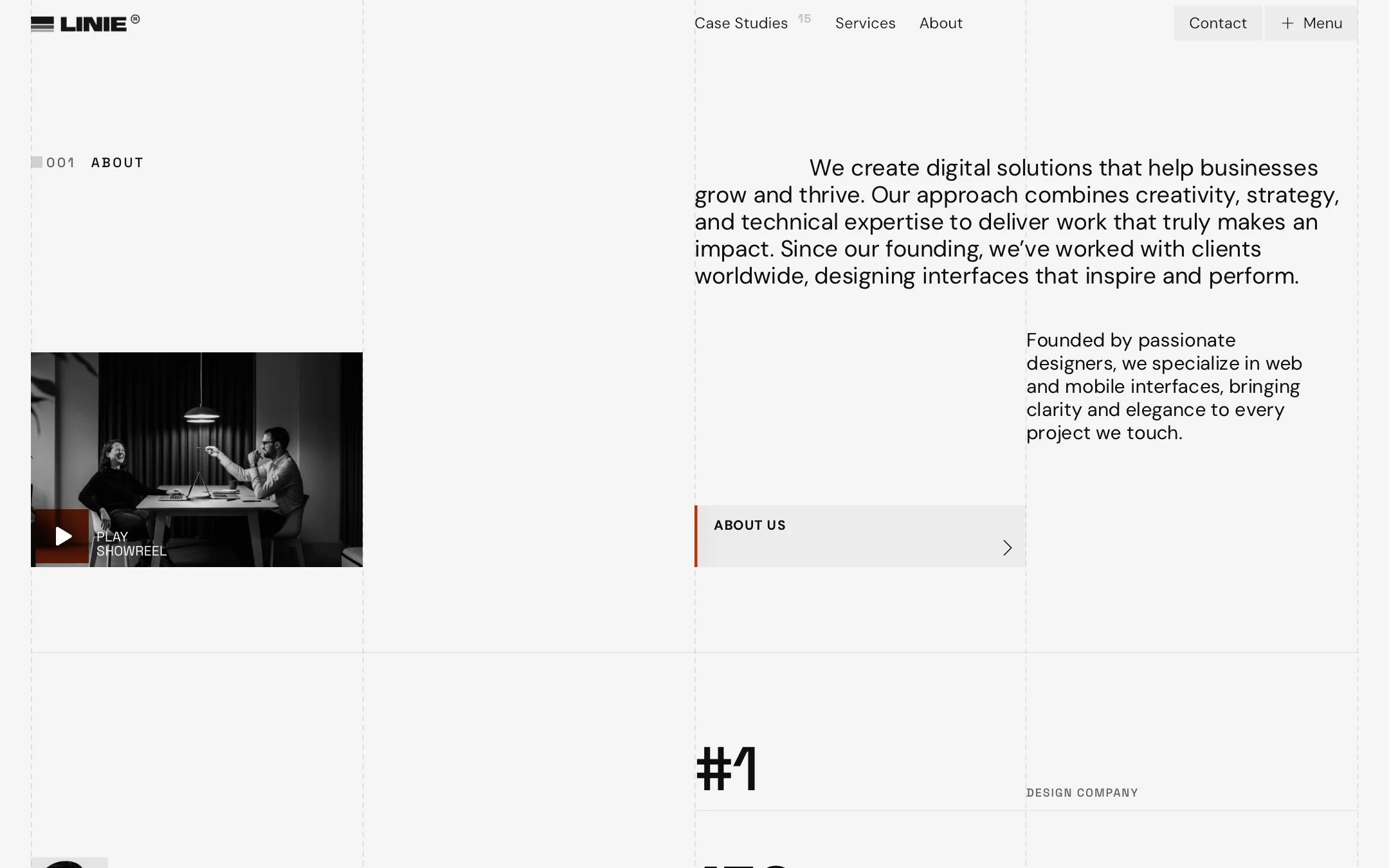 The About section: a short statement, a video card and a calm grid.