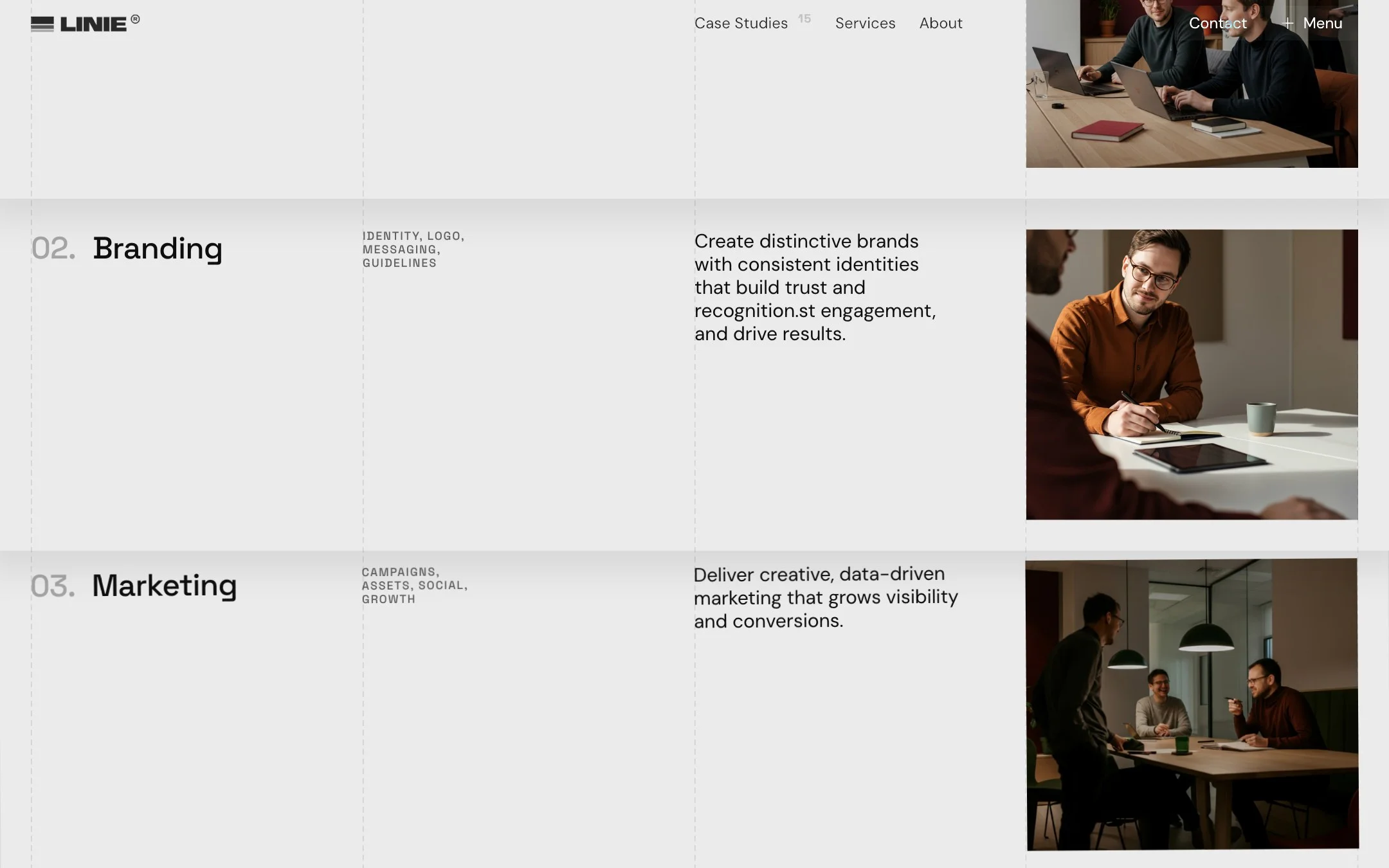 Services as numbered rows: Design, Branding, Marketing and Code.